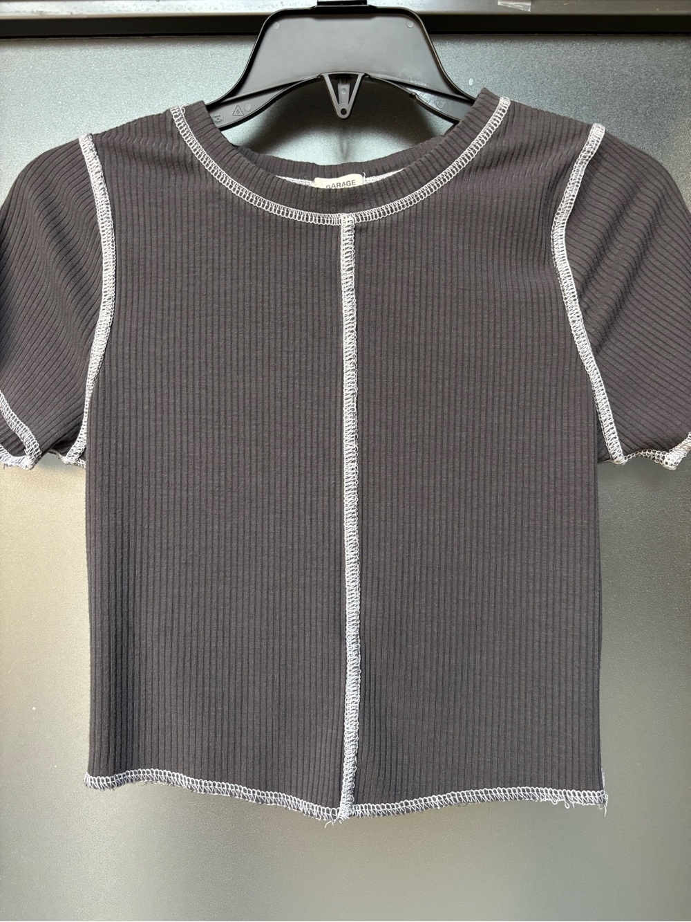 Garage Black/Greyish Ribbed Crop Top with White Contrast Stitching